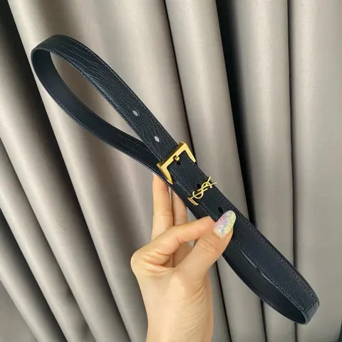 Saint Laurent Black Croc-Embossed Leather Belt with Gold-tone YSL Buckle