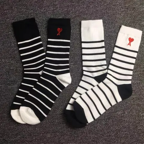 AMI 2021 Black and White Striped Mid-Calf Socks with Embroidered Heart and 'A' Logo