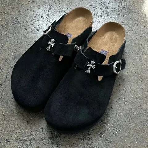 Birkenstock Black Suede Clogs with Cross Buckle