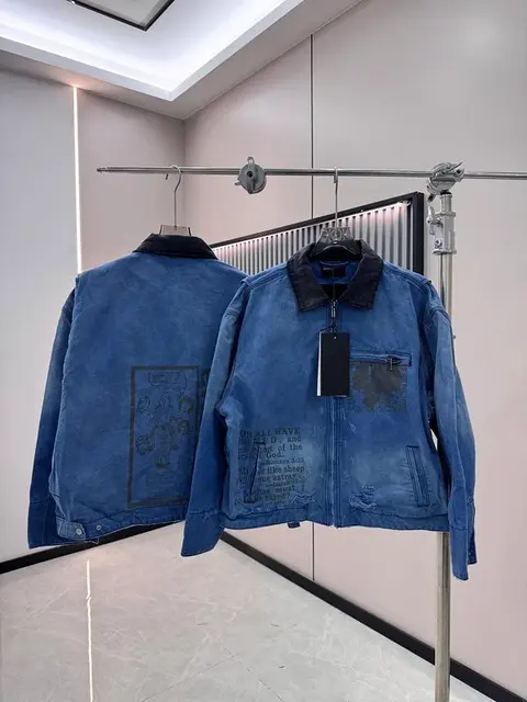 Denim Jacket with Graphic Print and Black Collar