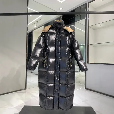 Moncler Long Black Quilted Down Coat with Tan Collar