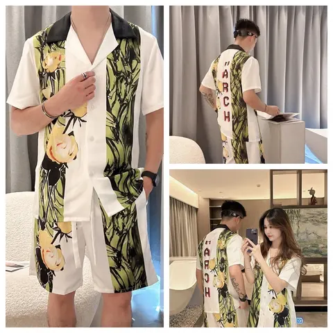 March Floral Print Men's Short Sleeve Shirt and Shorts Set
