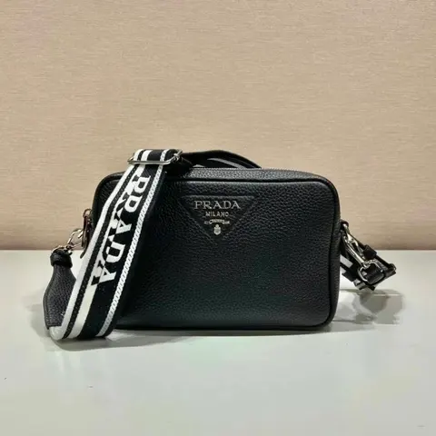Prada Milano Black Leather Crossbody Bag with Logo Strap