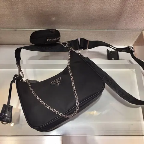 Prada Re-Edition 2005 Black Nylon Shoulder Bag with Chain Strap