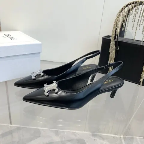 Celine Black Leather Pointed-Toe Slingback Heels with Silver Logo Detail