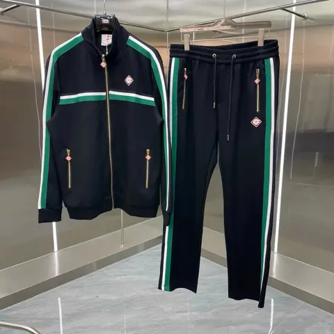 Black Green White Track Suit Set with Logo Embroidery