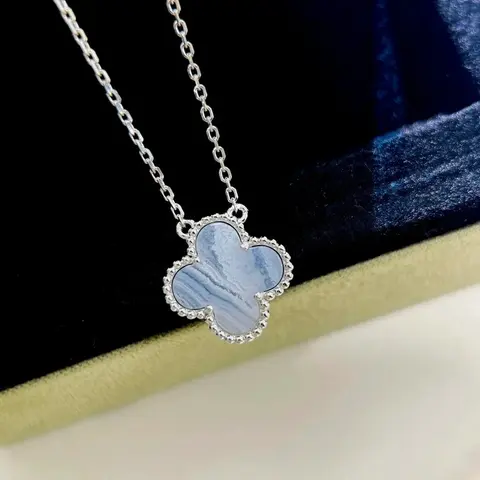Silver Four-Leaf Clover Pendant Necklace with Blue Agate Inlay