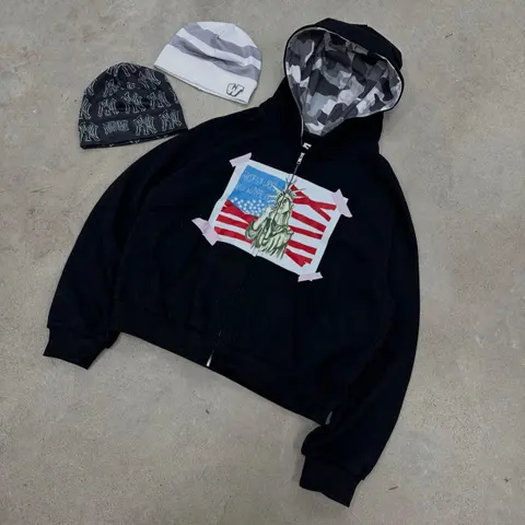 NYC With Me Hoodie with American Flag and Statue of Liberty Graphic