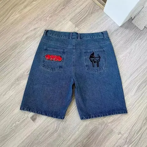 Denim Shorts with Red and Black Patch Designs