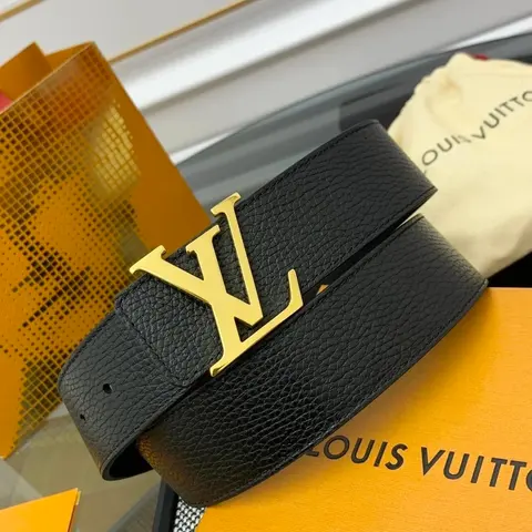 Louis Vuitton Black Leather Belt with Gold LV Buckle