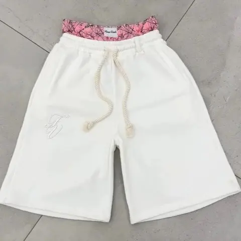 White Drawstring Shorts with Pink Patterned Waistband