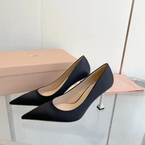 Jimmy Choo Black Satin Pointed Toe Pumps with Crystal Heel