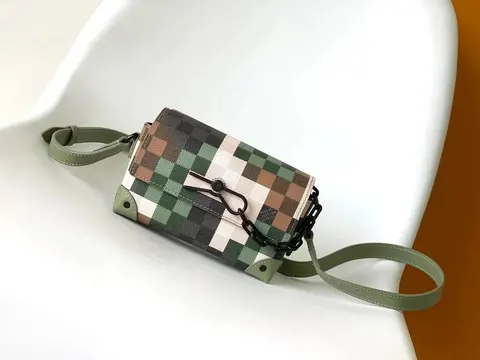 Checkered Pattern Crossbody Bag with Green Strap
