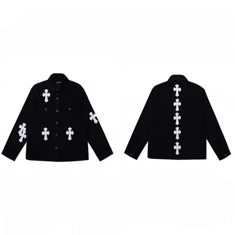 Black Cross Embroidered Denim Shirt