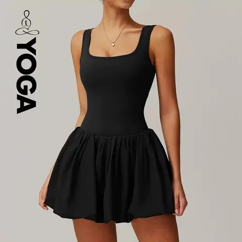 YOGA Black Square Neck Tank Top with Flared Skirt
