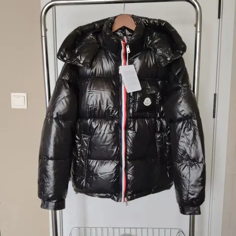 Moncler Black Quilted Down Jacket with Red White Blue Zip