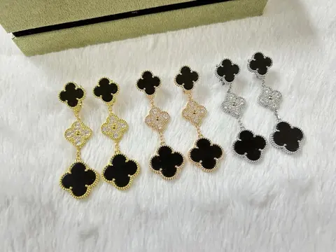 Black Clover Drop Earrings Set - Gold and Silver Tone