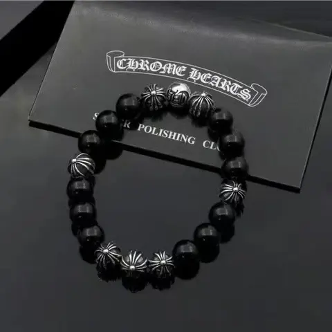 Chrome Hearts Black Beaded Bracelet with Silver Accents
