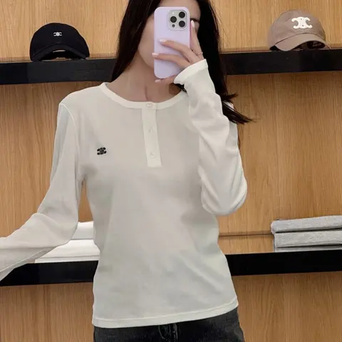 White Long Sleeve Henley Top with Logo