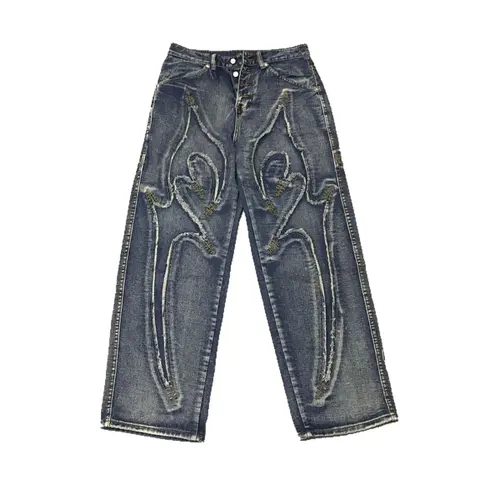 Distressed Wide-Leg Denim Jeans with Embroidered Pattern