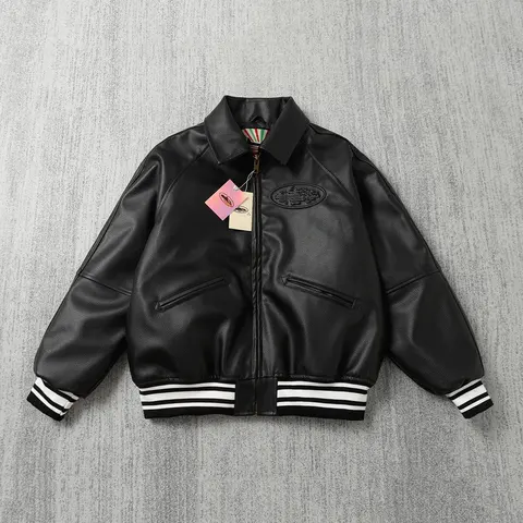 Black Leather Bomber Jacket with Striped Cuffs and Embroidered Logo