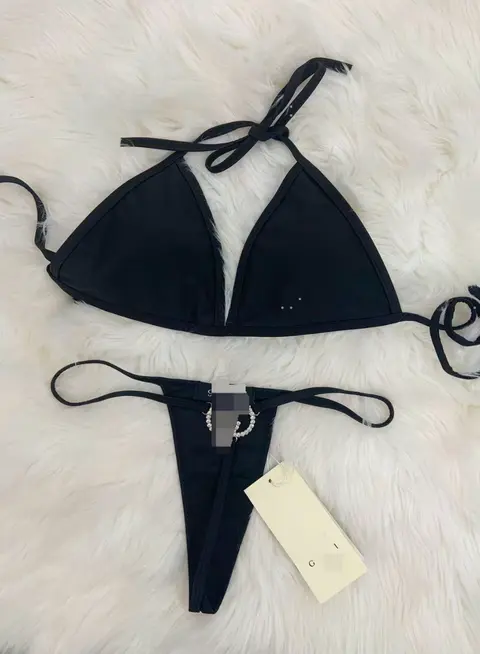 Black String Bikini Set with Pearl Detail