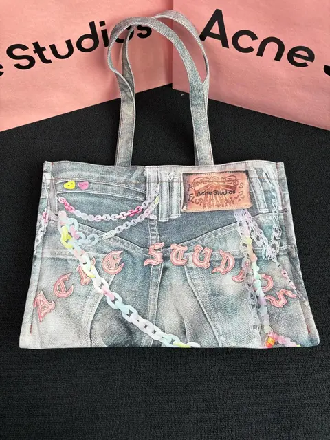 Acne Studios Denim Print Tote Bag with Chain Detail