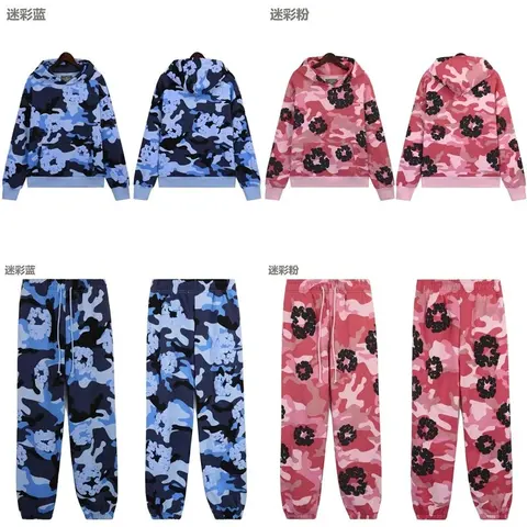 Camouflage Print Hoodie and Pants Set in Blue and Pink