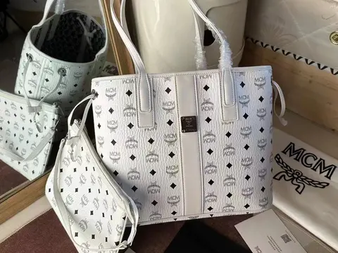 MCM White Monogram Tote Bag with Logo Print