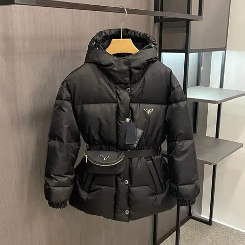 Prada Black Puffer Jacket with Hood and Belt