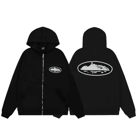 Black Zip-Up Hoodie with Cloud Logo