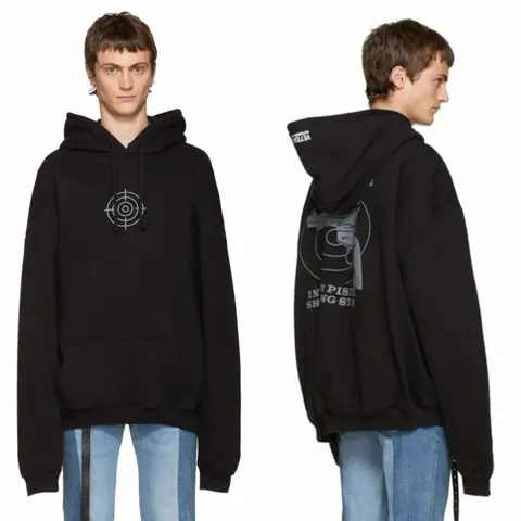 VETEMENTS Black Hoodie with Target and Pistol Graphic