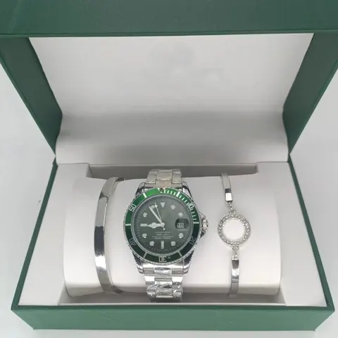 Submariner Watch with Green Bezel and Silver Bracelet Set