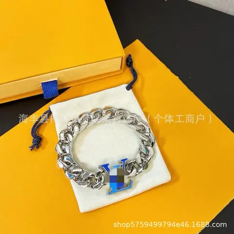 LV Style Silver Chain Bracelet with Blue Logo