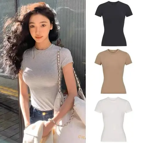 Women's Short Sleeve Round Neck Tight-Fit Basic T-Shirt