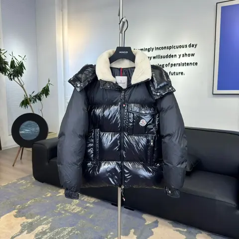 Moncler Black Quilted Down Jacket with Shearling Collar