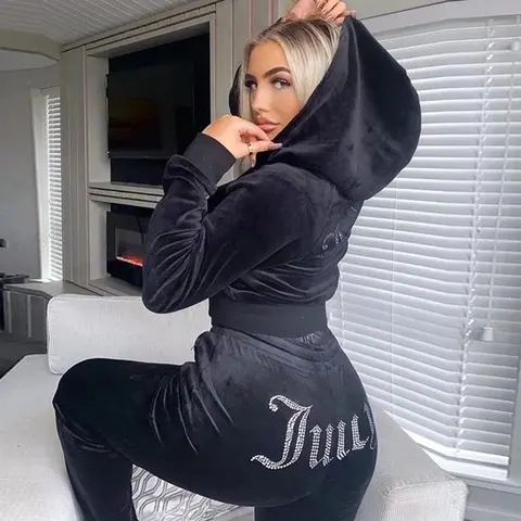 Black Velvet Hoodie and Pants Set with Rhinestone 'July' Logo