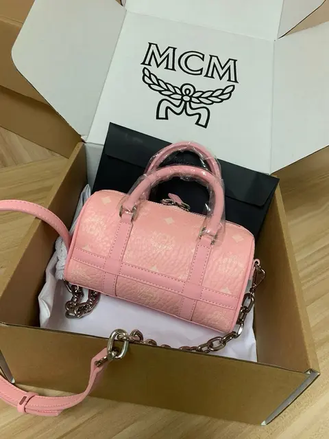MCM Pink Monogram Barrel Bag