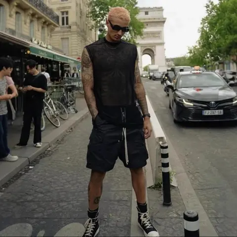 Black Mesh Sleeveless Top and Cargo Shorts Outfit