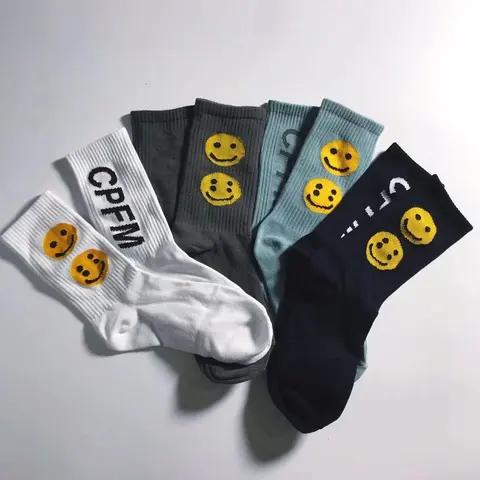 CPFM Music Festival Style Smiley Face Washed Green Cotton Mid-Calf Socks