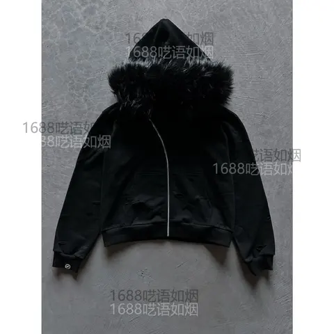 Black Hooded Jacket with Faux Fur Trim
