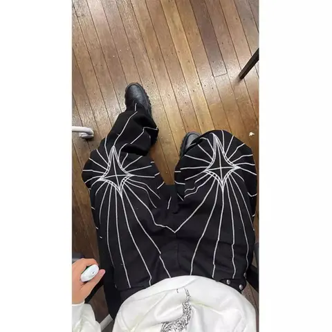 Rise Denim Embroidered Pants