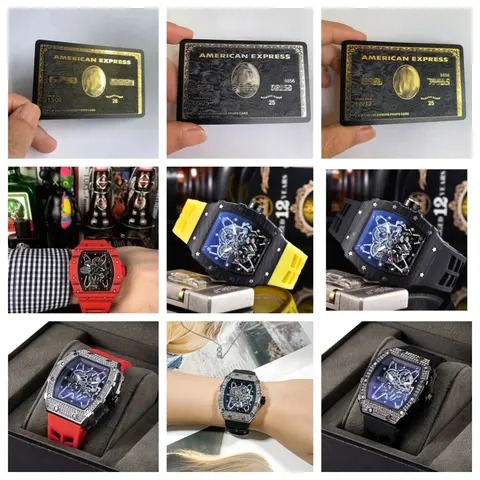 Richard Mille Style Luxury Skeleton Watches with Diamond Bezels and American Express Prop Cards