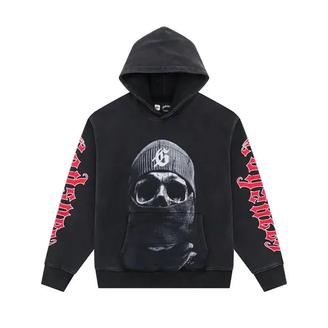 Gothic Skull Hoodie with Red Gothic Text Sleeves