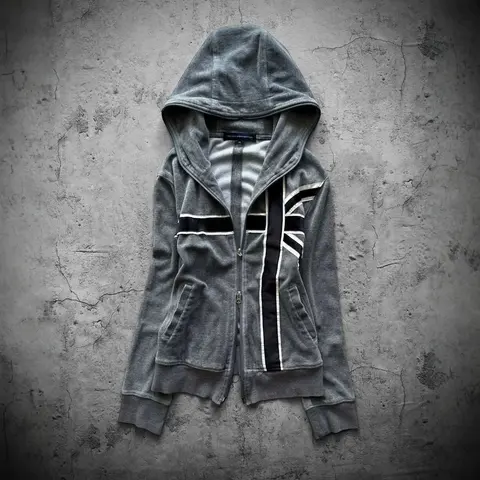 HACKED CONCEPTION Gray Hooded Zip-Up Jacket with Striped Design