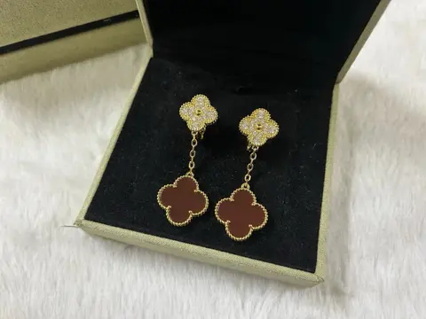 Gold Plated Clover Drop Earrings with Brown Enamel and Crystal Accents
