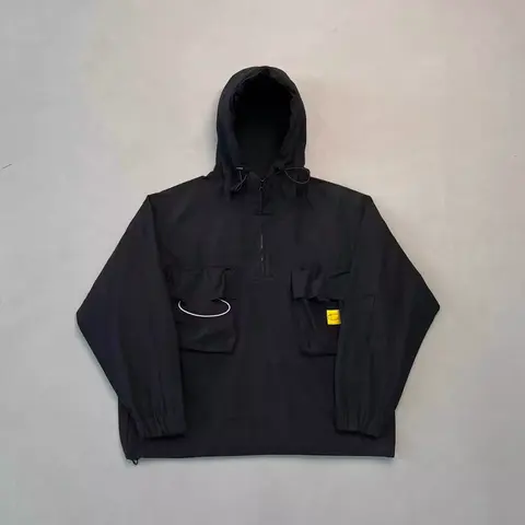 Black Hooded Anorak Jacket with Yellow Logo Patch