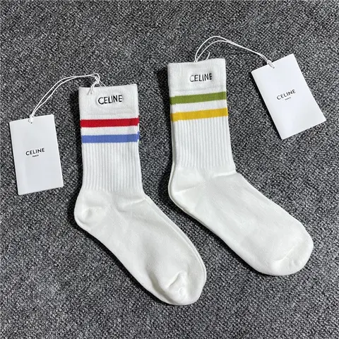 Celine White Striped Crew Socks