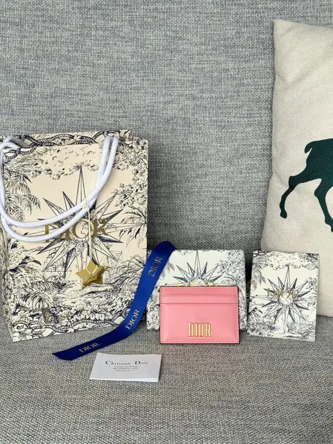 Dior Pink Card Holder with Star Pattern Packaging