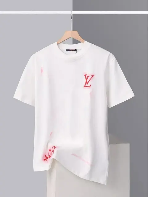 Louis Vuitton White T-Shirt with Red LV Logo and Splatter Design